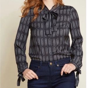 Modcloth Tie Neck Blouse Large Paperclips Black Cream Positive Professionalism